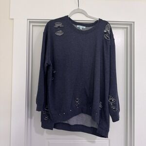 She + Sky Distressed Knit Sweater‎ Blue Size Large